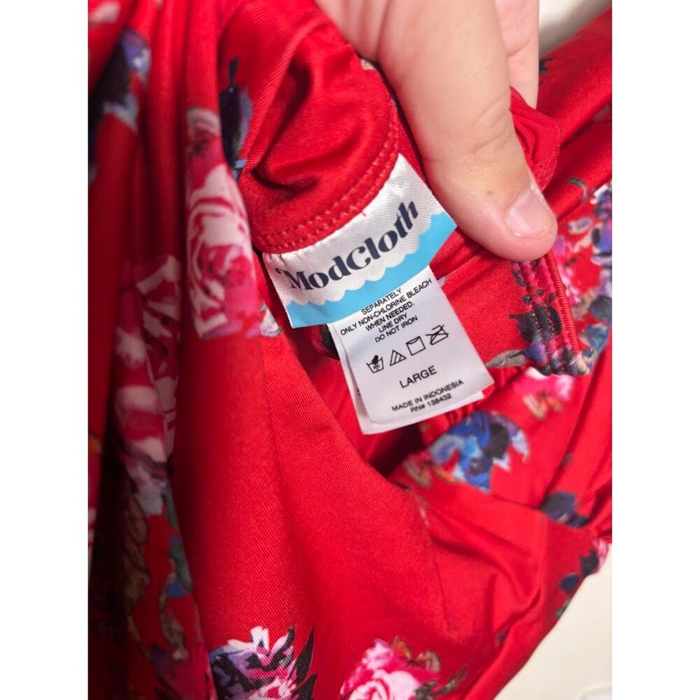 ModCloth The Lauren Red One-Piece Swimsuit sz Large Small Floral Plunging - Picture 5 of 5